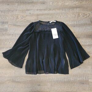 NWT ZARA | Pleated Sheer Lace Ruffle Blouse Top | Sz. XS